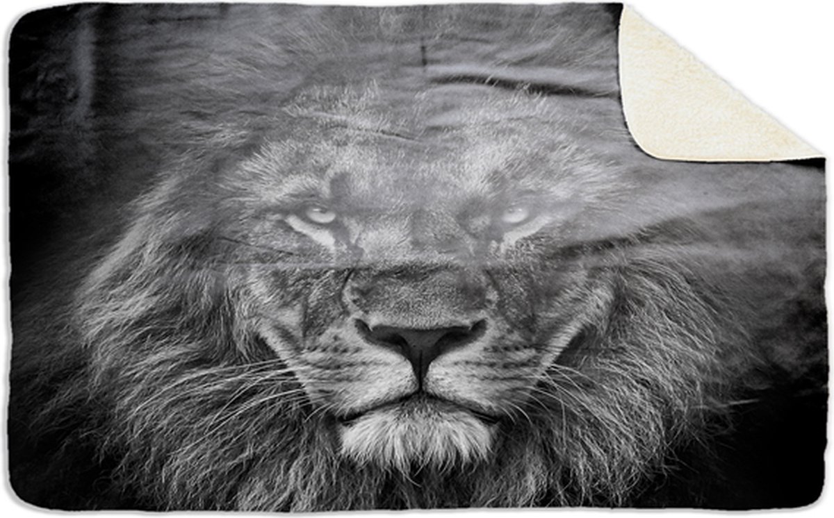 Fleecedeken Leeuw zwart/wit 2, FD2023214, Plaid, 96x146cm, Polyester Sherpa
