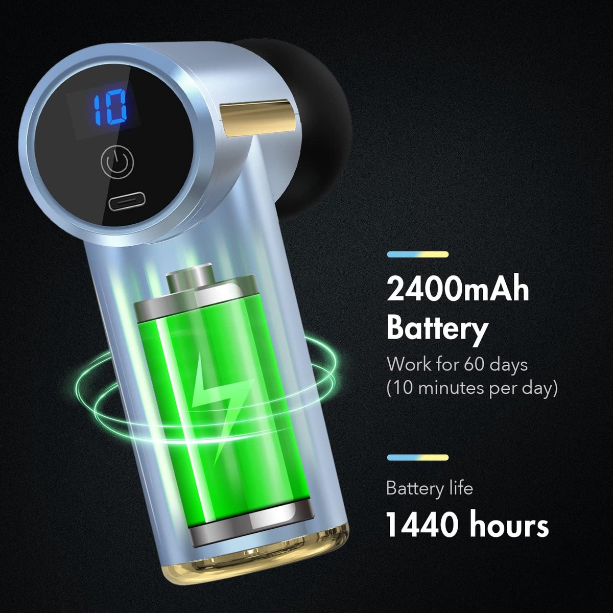 Afbeelding 2 van Massageapparaat voor dieperliggend weefsel, 10 standen, opladen via USB, draagbaar, klopmassage, spiermassage, ultraklein en stil, pijnverlichting voor spieren, voor thuis, gym en buiten