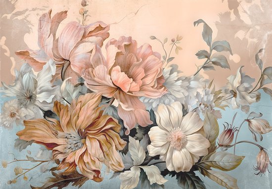 Fotobehang - Natuur - Bloemen - Pastel - Muur - Bladeren - Vliesbehang - 416x254cm (lxb)