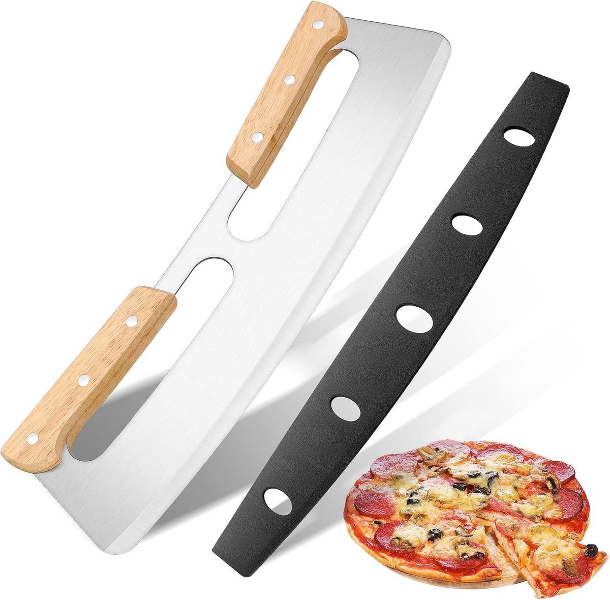 Pizza wiegmes, pizzasnijder met dubbele houten handgreep, pizzames van roestvrij staal met beschermhoes, geschikt voor het snijden van pizza, 35 cm