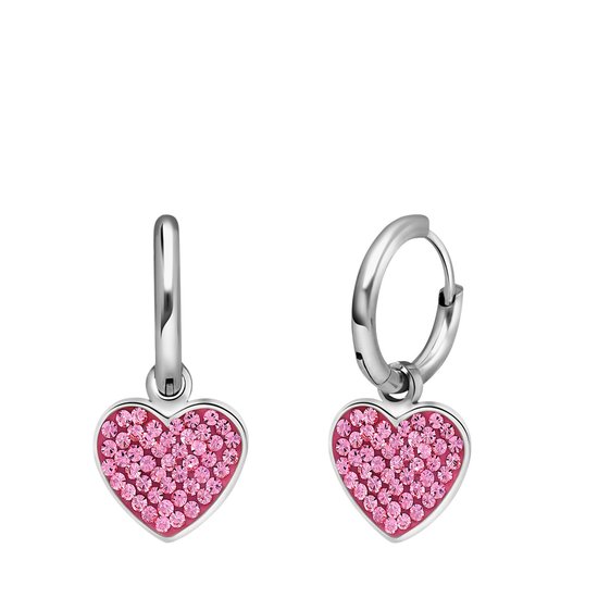 Lucardi Dames Stalen oorbellen hart met kristal roze - Oorbellen - Staal - Zilverkleurig