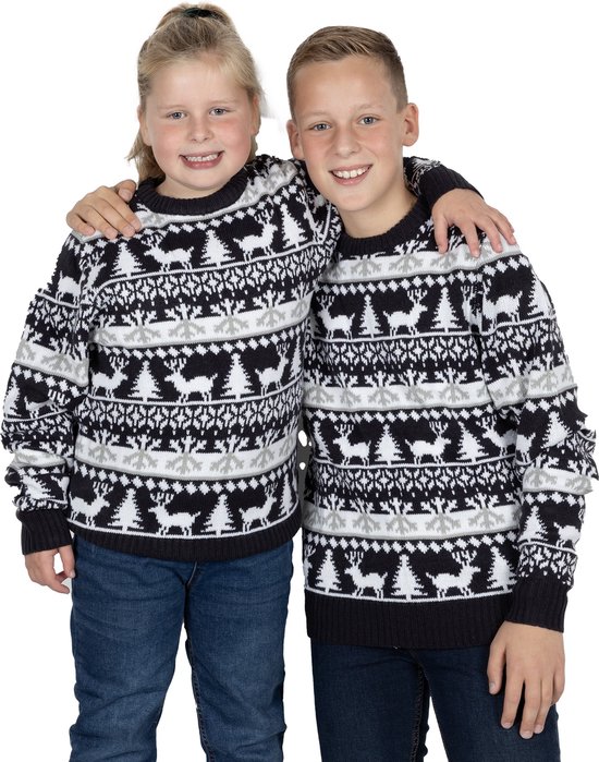 Foute Kersttrui Kinderen - Jongens & Meisjes - Christmas Sweater - "Modern Blauw & Wit" Maat 170-176 - Kerstcadeau
