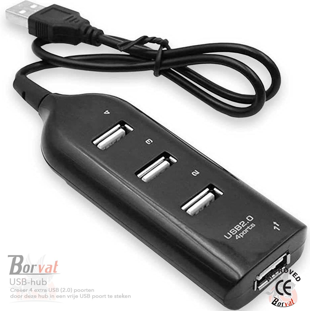 Borvat® - USB-hub - USB 2.0 - 1 tot 4-connector waarmee u tegelijkertijd meerdere apparaten op uw computer kunt aansluiten - Zwart