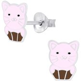 Joy|S - Zilveren cupcake kat poes oorbellen - roze