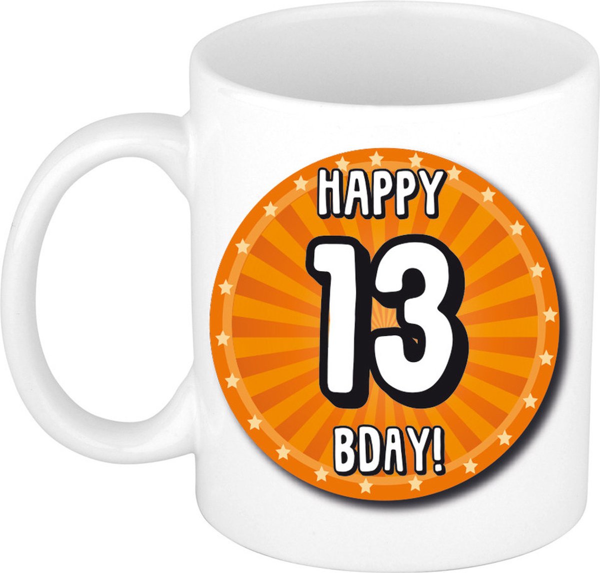 Bellatio Decorations Verjaardag cadeau mok 13 jaar - oranje - wiel - 300 ml - keramiek
