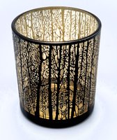 Thee - licht - houder - Waxine - licht - houder - Kerst - Decoratie - Glas - Zwart/ Goud - Met patroon - L8,8cm X B8,8cm X H10cm.