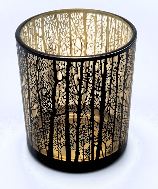 Thee - licht - houder - Waxine - licht - houder - Kerst - Decoratie - Glas - Zwart/ Goud - Met patroon - L8,8cm X B8,8cm X H10cm.