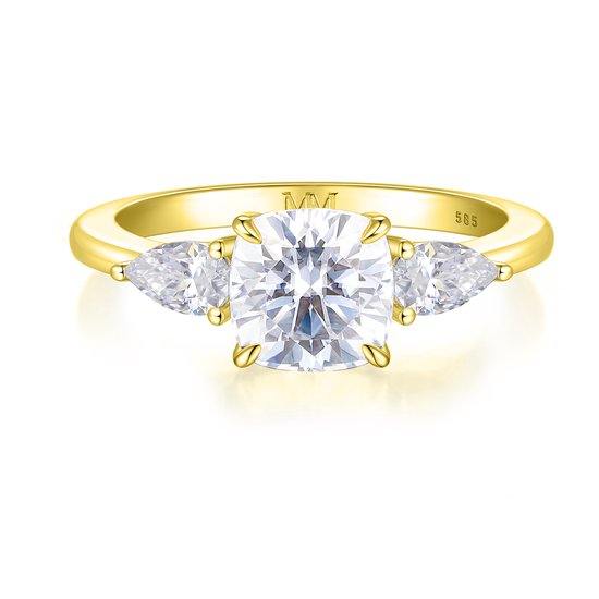 Trielle - 18k Geelgouden Cushion Moissanite Verlovingsring met Peer Geslepen Zijstenen - 3.3 karaat