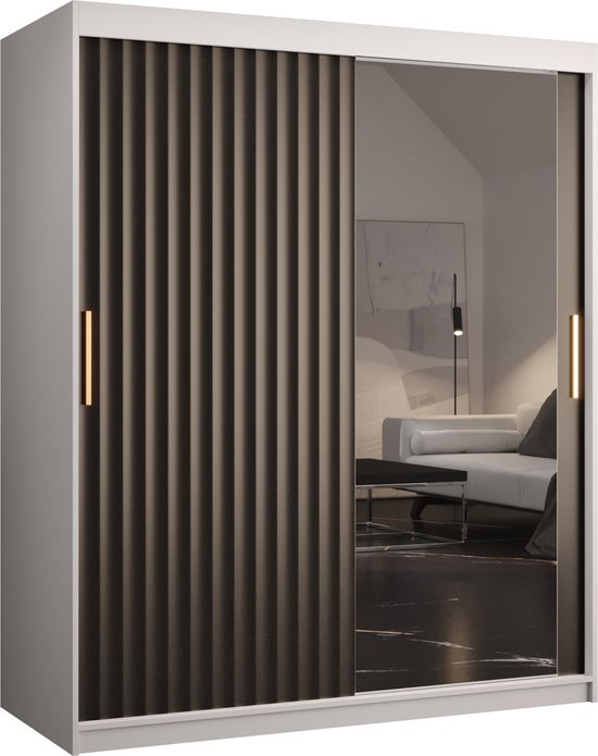 Armoire à portes coulissantes avec miroir Armoire à 2 portes coulissantes Armoire armoire de chambre Tringle à vêtements avec étagères (LxHxP) : 150x200x62 cm - Rikid W2 (Wit + Zwart, 150) avec tiroirs