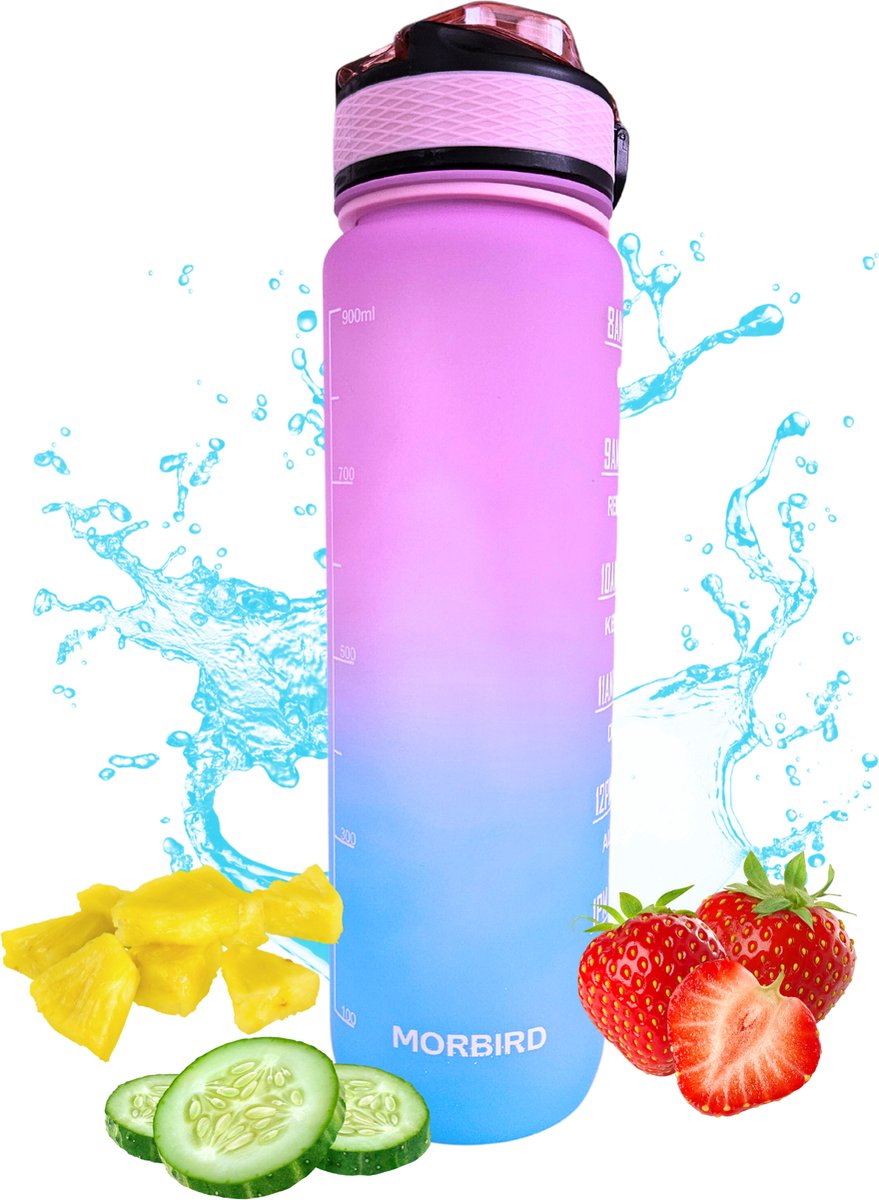 Morbird® Drinkfles - 1 Liter - Waterfles - Motivatie Teksten - Drinkfles Met Tijdmarkering - BPA-vrij - Sport