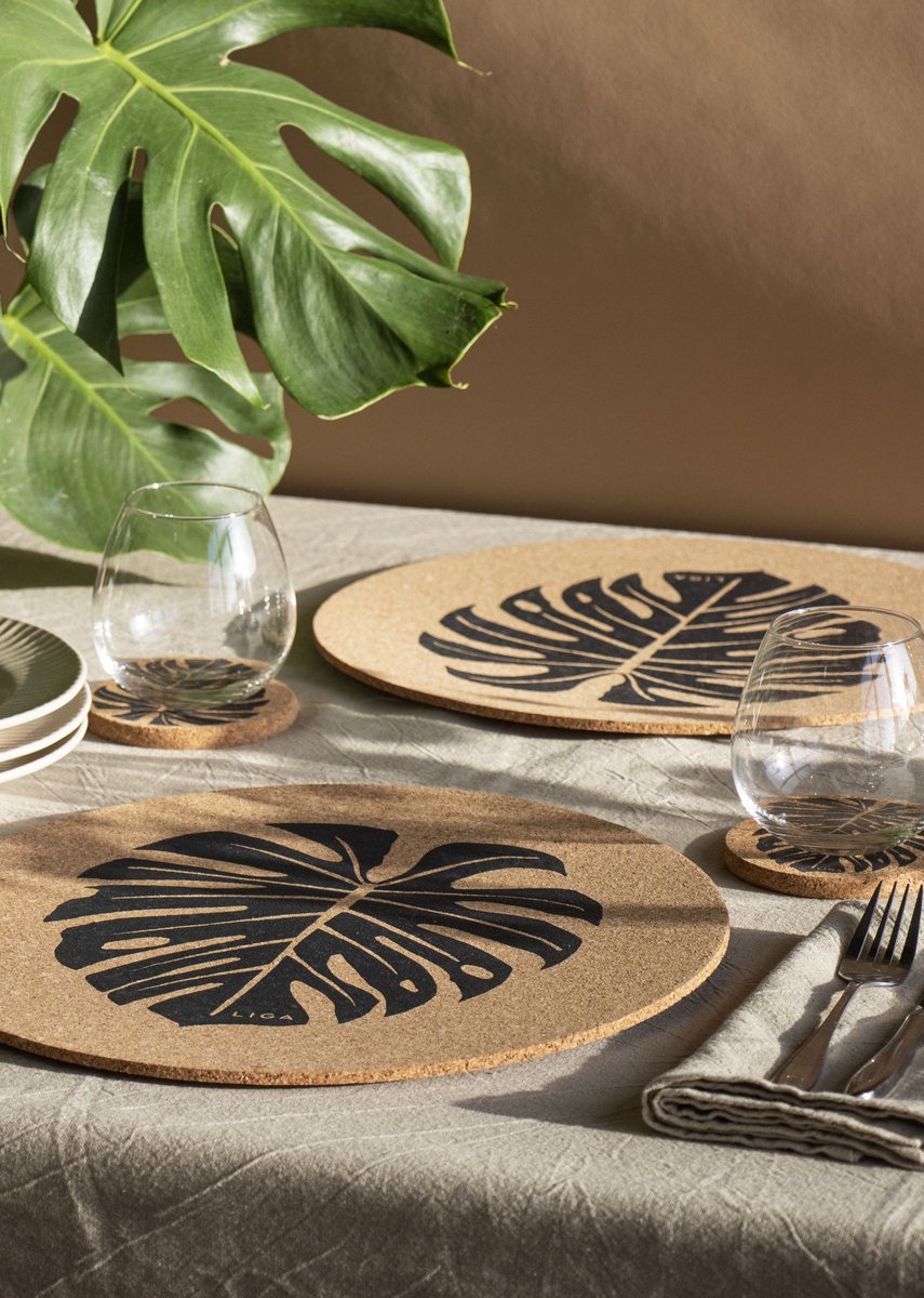 LIGA Placemat Monstera Set van 2 Stuks Kurk Beige bol.