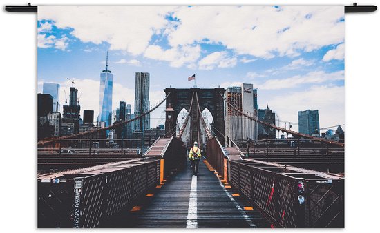 Velours Wandkleed Brooklyn Bridge New York Daglicht Rechthoek Horizontaal XXL (130 X 180 CM) - Wandkleden - Met roedes