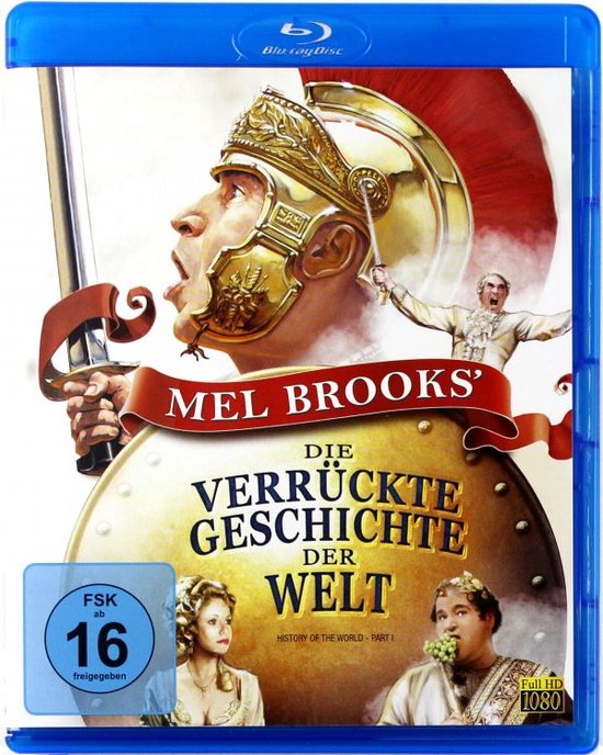 De voorkant van de blu-ray hoes van "Mel Brooks' Die verrückte Geschichte der Welt" met een Romeinse soldaat en acteurs.