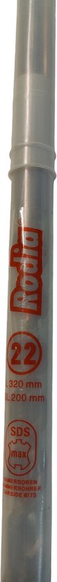 Zilverkleurige boor met Rodia logo, "22", "L320 mm", "NL 200 mm" en "SDS max" markeringen.