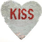 Hart Kiss Tekst Rode Mond Reversible Paillette XL Op Naai Patch 23.5 cm / 23 cm / Zilver Rood