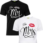 PicOnTshirt - Teetalks Series - T-Shirt Dames - T-Shirt Heren - T-Shirt Met Print - Couple T-Shirt Met Mr. and Mrs. Print - 2 Pack - Zwart - Heren M/Dames XS