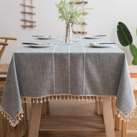 Plenmor Linnen afwasbaar tafelkleed, katoen, linnenlook, afwasbaar, 140 x 250 cm, tafeldoek boho-tafelkleden, blauw, voor verjaardag, keukentafel, outdoor tafelkleden