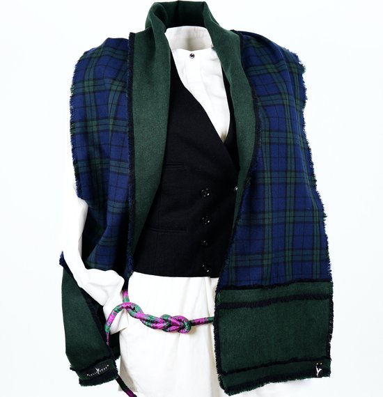 YELIZ YAKAR - Handmade - Luxe dubbelzijdig dames wol / katoen flanel sjaal “Alsephina”- groen en blauw kleuren - designer kleding- kerst sjaal- luxecadeau - kerstcadeau voor vrouwen