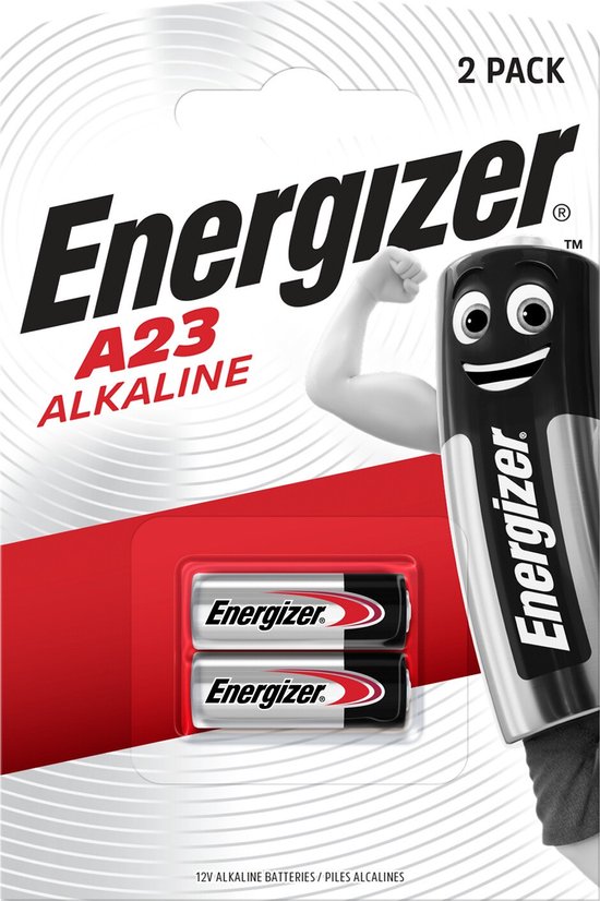 Piles alcalines Energizer A23, 2 piles par emballage. Une pile avec un visage amusant et un bras musclé.