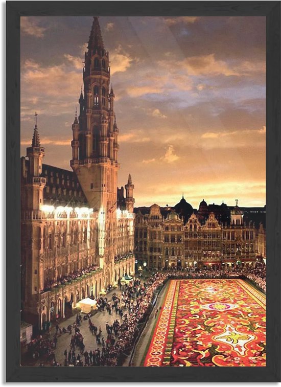 Poster Grote Markt Brussel Rechthoek Verticaal Met Lijst XL (50 X 70 CM) - Zwarte Lijst - Wanddecoratie - Posters