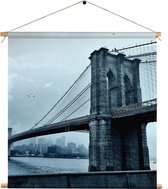 Textielposter Brooklyn Bridge New York Zwart Wit Vierkant XXXL (120 X 120 CM) - Wandkleed - Wanddoek - Wanddecoratie