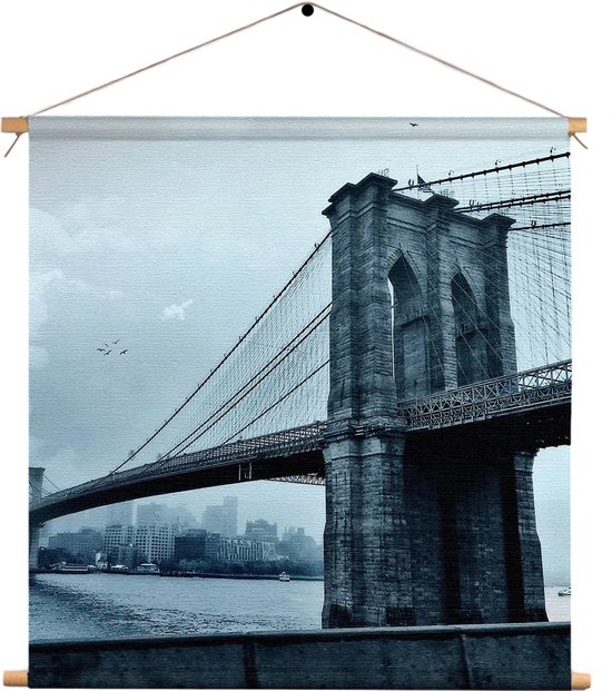 Textielposter Brooklyn Bridge New York Zwart Wit Vierkant XXXL (120 X 120 CM) - Wandkleed - Wanddoek - Wanddecoratie