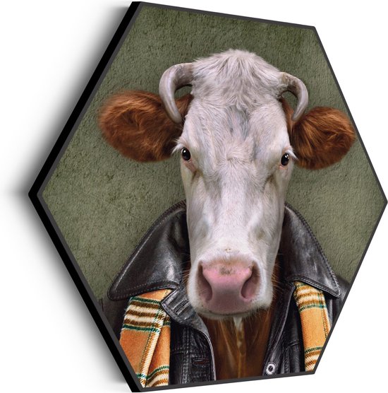 Tableau Acoustique Vache Humaine Avec Veste En Cuir Hexagon Basic L (100 X 86 CM) - Panneau acoustique - Panneaux acoustiques - Décoration murale acoustique - Panneau mural acoustique