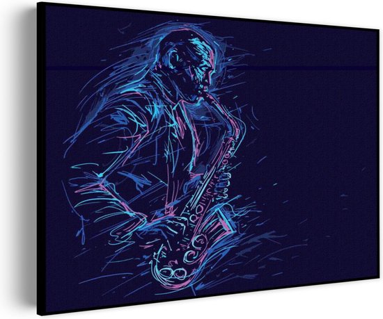 Akoestisch Schilderij Kleurrijke Saxofonist 02 Rechthoek Horizontaal Basic M (85 X 60 CM) - Akoestisch paneel - Akoestische Panelen - Akoestische wanddecoratie - Akoestisch wandpaneel