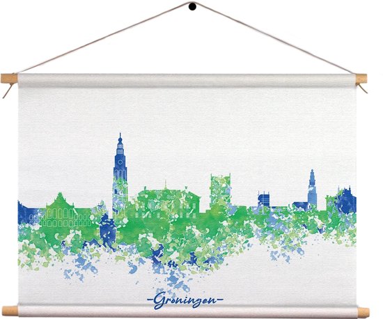 Textielposter Skyline Groningen Watercolor Paint Rechthoek Horizontaal XL (75 X 90 CM) - Wandkleed - Wanddoek - Wanddecoratie