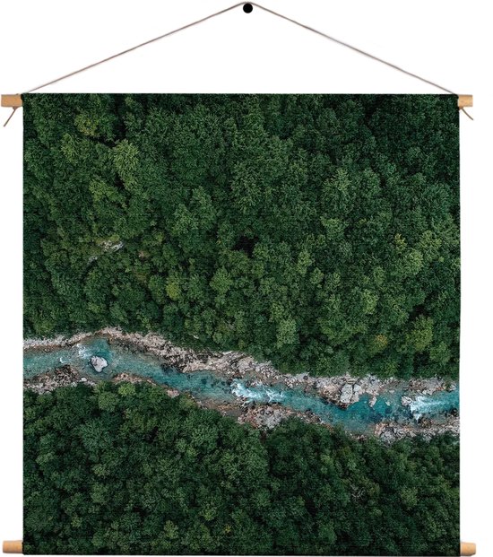 Textielposter Ruige rivier door bos Vierkant XL (60 X 60 CM) - Wandkleed - Wanddoek - Wanddecoratie