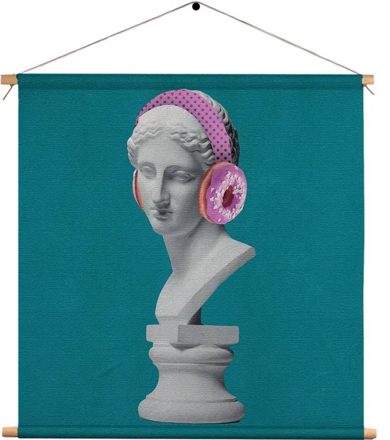 Textielposter Het Muziek Luisterende Beeld Vierkant L (45 X 45 CM) - Wandkleed - Wanddoek - Wanddecoratie