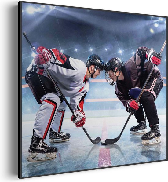 Akoestisch Schilderij Ijshockey Battle Vierkant Pro XL (100X100) - Akoestisch paneel - Akoestische Panelen - Akoestische wanddecoratie - Akoestisch wandpaneel