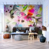 Fotobehangkoning - Behang - Vliesbehang - Fotobehang  Kolibrie - Bloemen -  Kolibries - Kunst - Colours of Nature - 250 x 175 cm