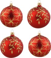 Chique, Rode, Matte Kerstballen met Gouden Glitter Patroon en Gouden Glitter Blaadjes - Doosje van vier kerstballen van 8 cm