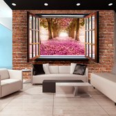 Fotobehangkoning - Behang - Vliesbehang - Fotobehang Uitzicht op de Bloemen door het Raam 3D - Park view - 150 x 105 cm