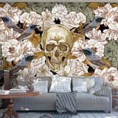 Fotobehangkoning - Behang - Vliesbehang - Fotobehang Skull - Bloemen - Schedel - Vogels - Among flowers - 100 x 70 cm