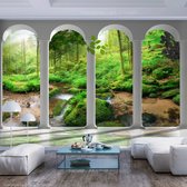 Fotobehangkoning - Behang - Vliesbehang - Fotobehang 3D Uitzicht op het Bos vanaf de Pilaren - Pillars and Forest - 100 x 70 cm