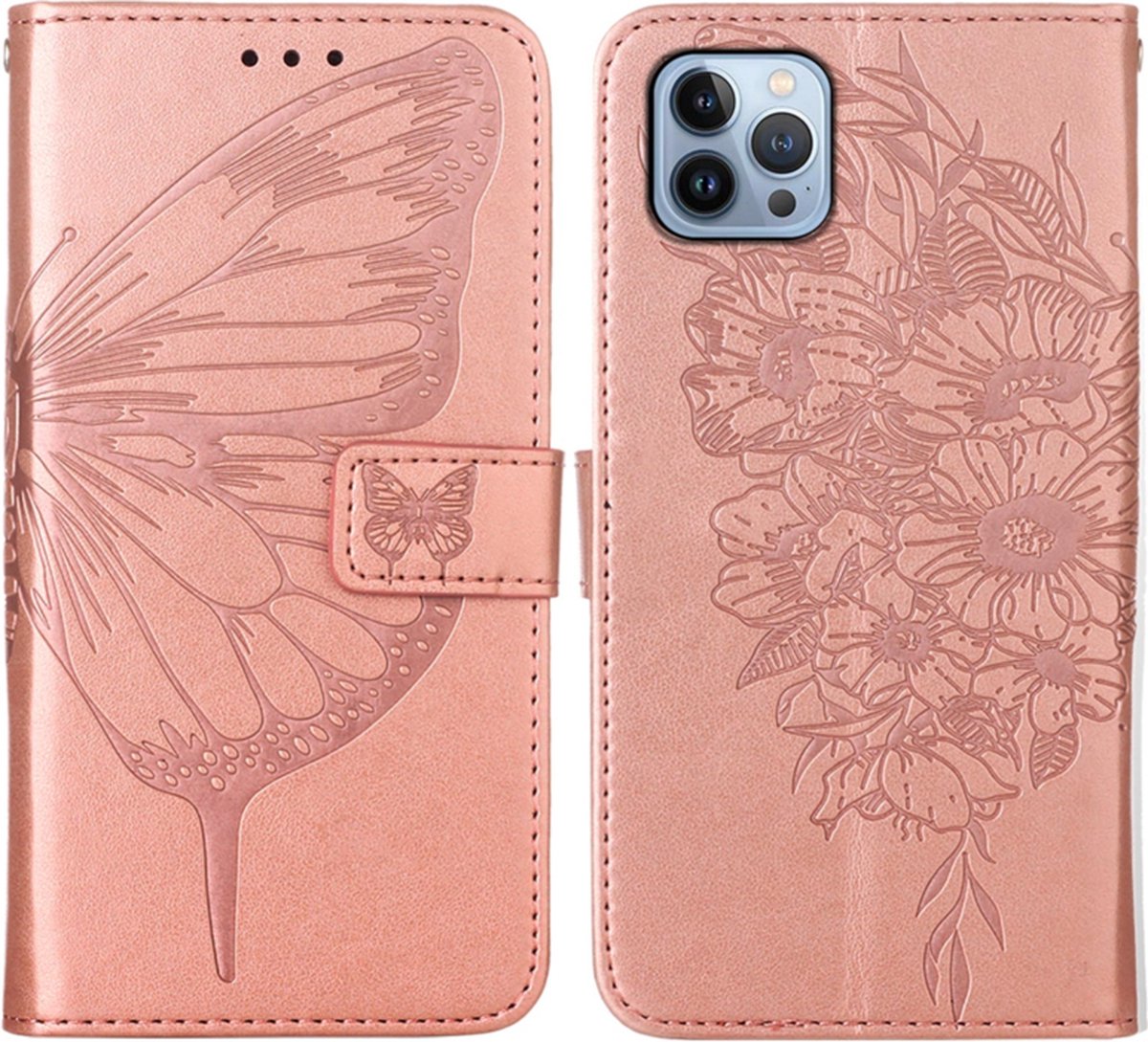 PU BookCover Hoes Etui geschikt voor iPhone 15 Roze-Goud Vlinder - Bloem Motief