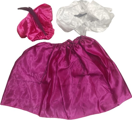 Roze satijnen rokje met witte en roze pietenmutsjes, ook voor volwassenen.