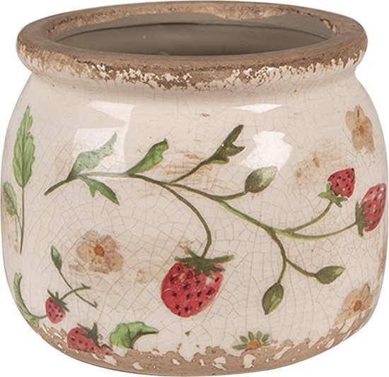Keramiek Bloempot voor Binnen – Rode Aardbeien – Rustieke Pot – Ø 12 cm – Aardbeienmotief
