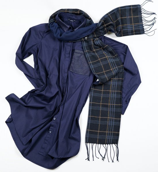 YELIZ YAKAR - Handmade - Luxe dubbelzijdig unisex pashmina / katoen interlock sjaal “Rigel”- ruiten tartan in blauw kleuren - feestelijke sjaal - designer kleding- kerst sjaal- luxecadeau - kerstcadeau