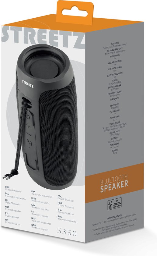 Streetz S350 Bluetooth Speaker - Bluetooth 5.3, MicroSD kaart en USB playback - 3.5mm AUX-in - USB-C - Zwart van Streetz — afbeelding 5