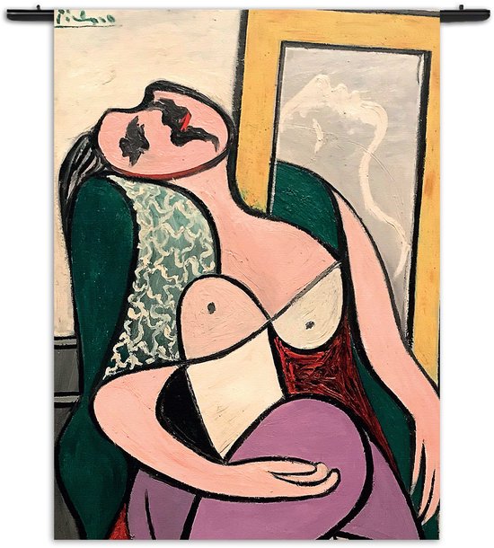 Mezo Wandkleed Picasso Meisje kijkend naar een spiegel 1932 Rechthoek Verticaal XXL (250 X 180 CM) - Wandkleden - Met roedes