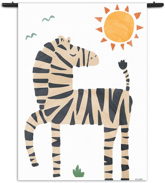 Velours Wandkleed Zebrapaardje in het zonnetje Rechthoek Verticaal - Kinderkamer - Baby cadeau - Babykamer M (125 X 90 CM) - Wandkleden - Met roedes