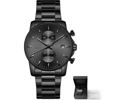 Heren horloge zwart staal chronograaf - Mauro Vinci Blackhawk - Horloges voor mannen met luxe lederen bewaardoos