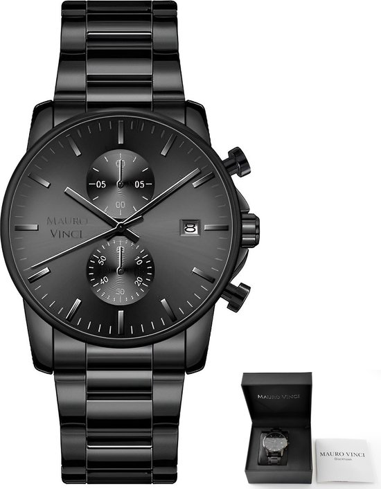 Heren horloge zwart staal chronograaf - Mauro Vinci Blackhawk - Horloges voor mannen met luxe lederen bewaardoos
