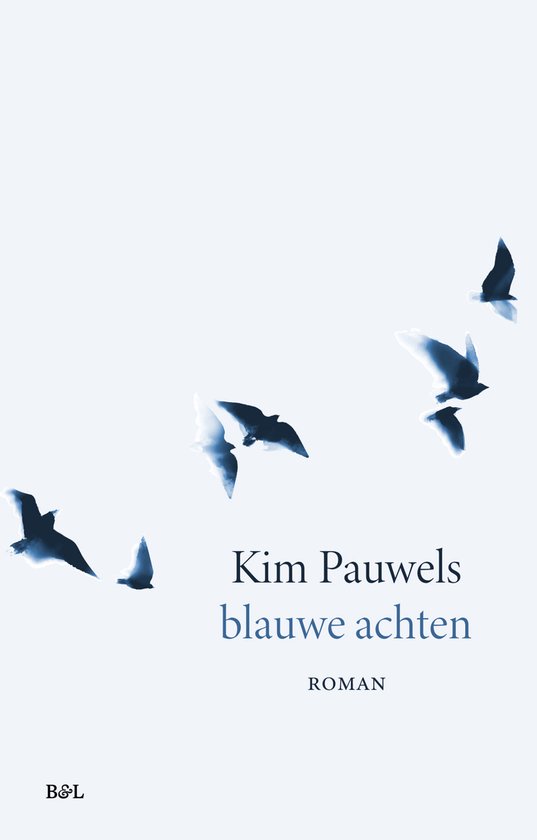Boek met titel 'blauwe achten' van Kim Pauwels, met afbeelding van vliegende vogels in blauw.