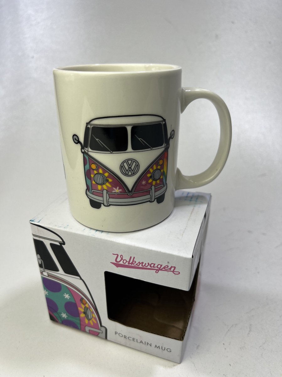 Mok - Volkswagen Busje VW T1 - Summer Flower Power - Roze&Wit - Porselein - 300ml