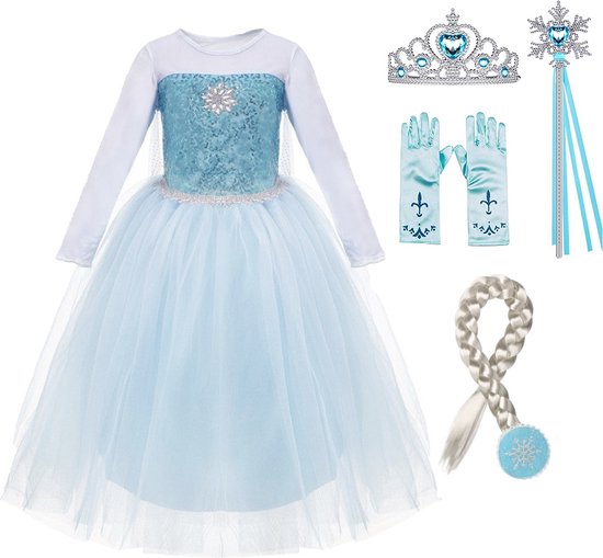 Habillage fille - La Reine des Frozen - Robe Elsa - robe princesse bleue - taille 128/134 (140) - habillage princesse - couronne - baguette magique - tresse Elsa - gants