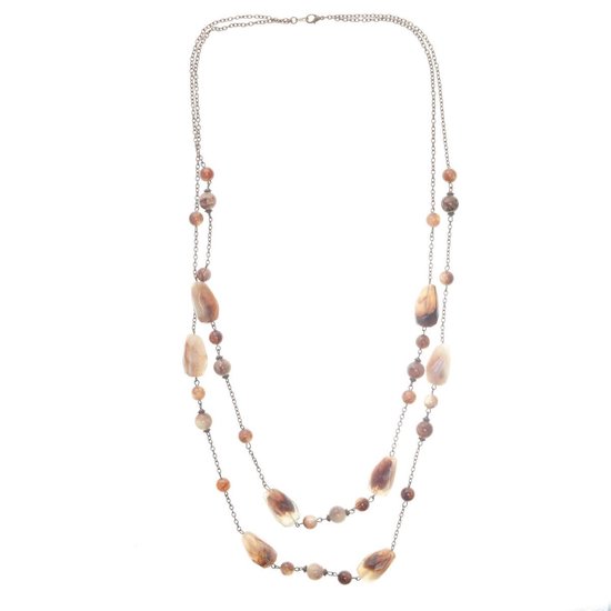 Collier Behave couleur or rose avec 2 couches de perles marron 85 cm